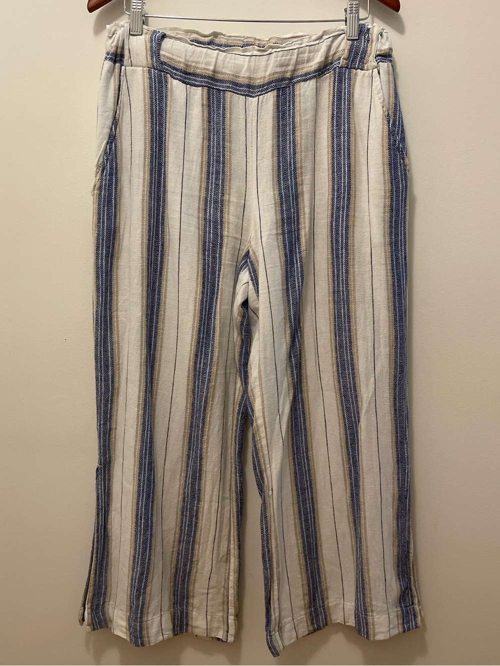 Indigo Rein Cream and Blue Linen Blend Striped Wide Leg Pants
